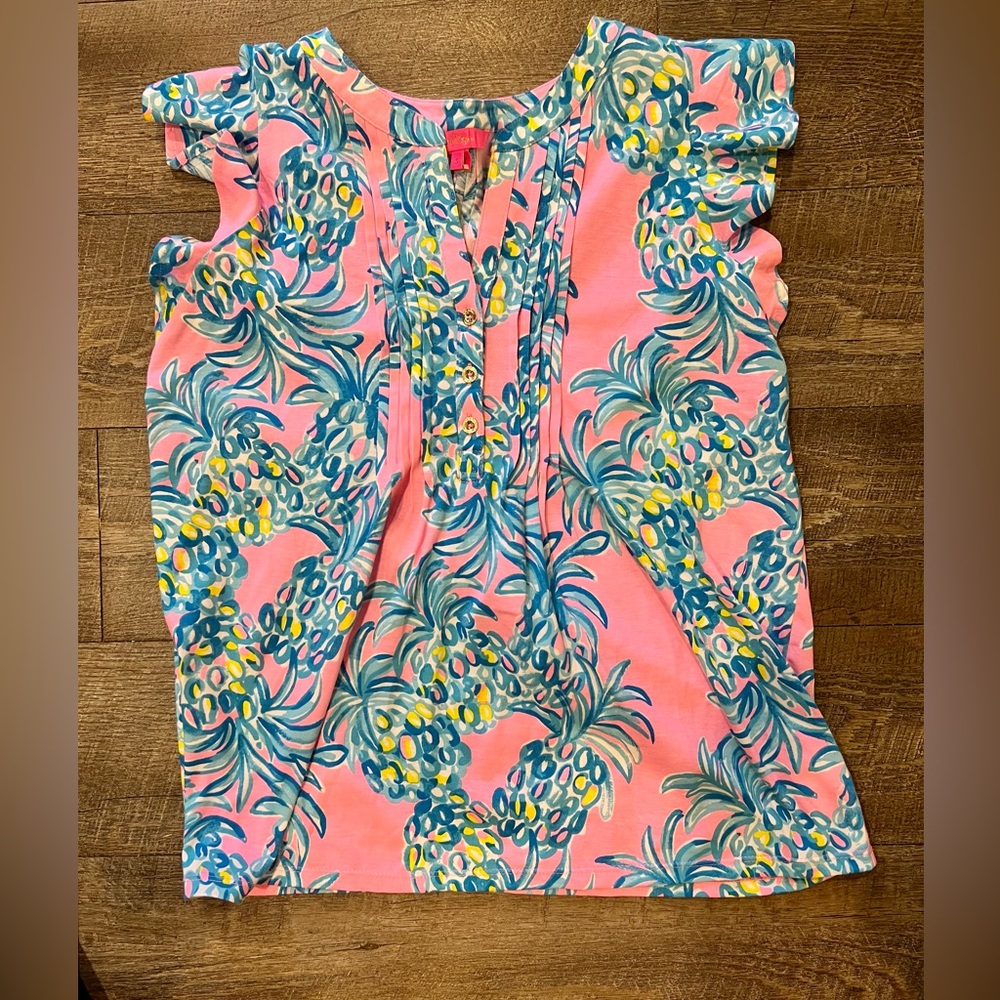 Lilly Pulitzer Pink Pineapple Print Ruffle Sleeve Top - Picture 3 of 3